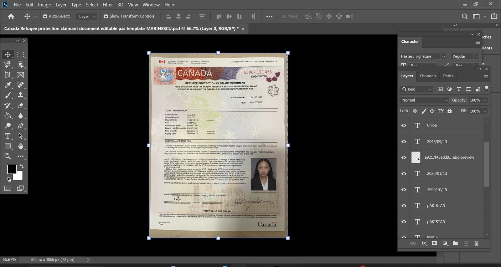 Canada Refugee protection claimant document PSD Template -MARINESCU 2