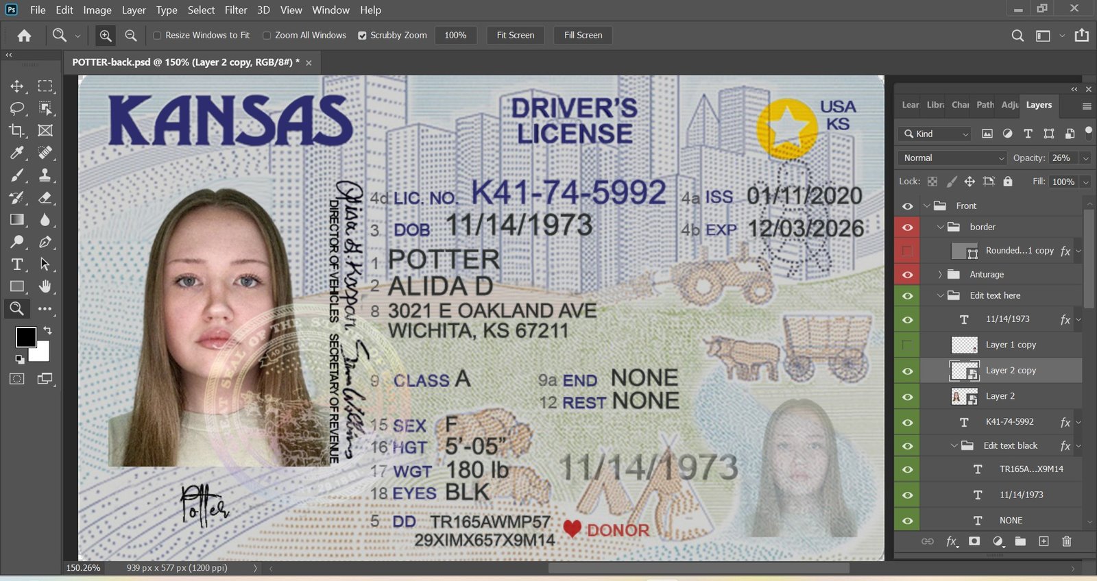 Kansas Driver License PSD Template 2026 High Quality