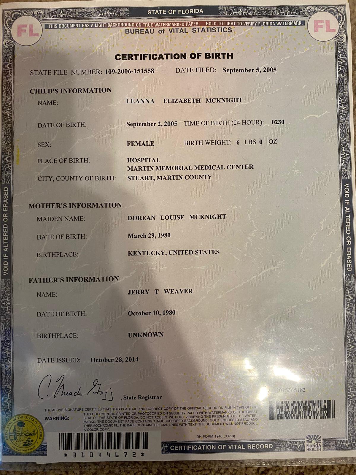 Florida Birth Certificate PSD File