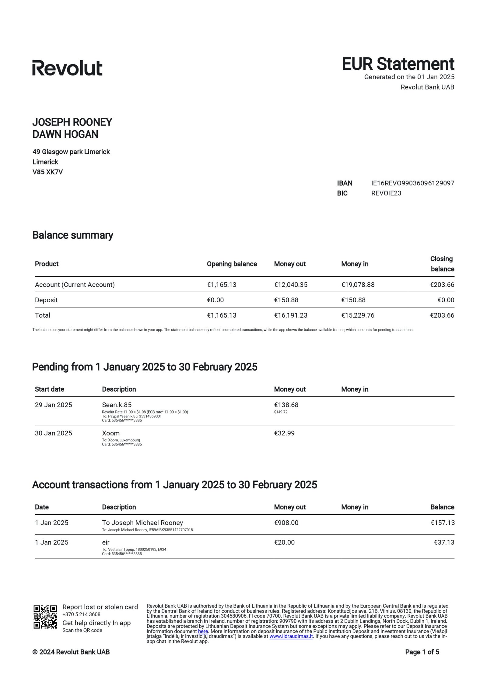 Ireland Revolut Personal Bank Statement Download