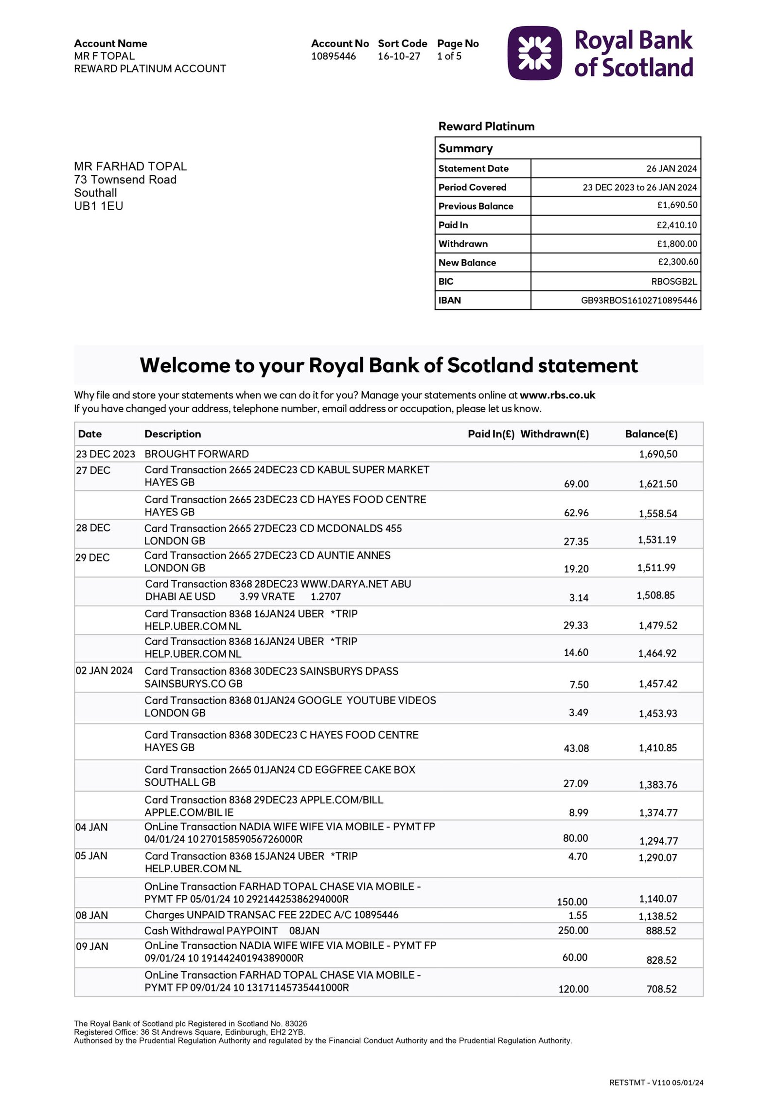 Royal Bank of Scotland Bank Statement Download