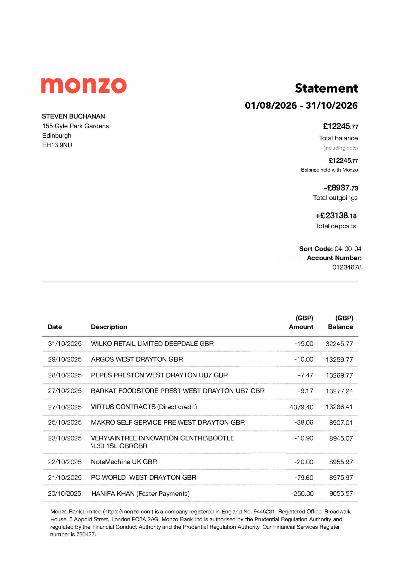 How do I download a bank statement from Monzo?