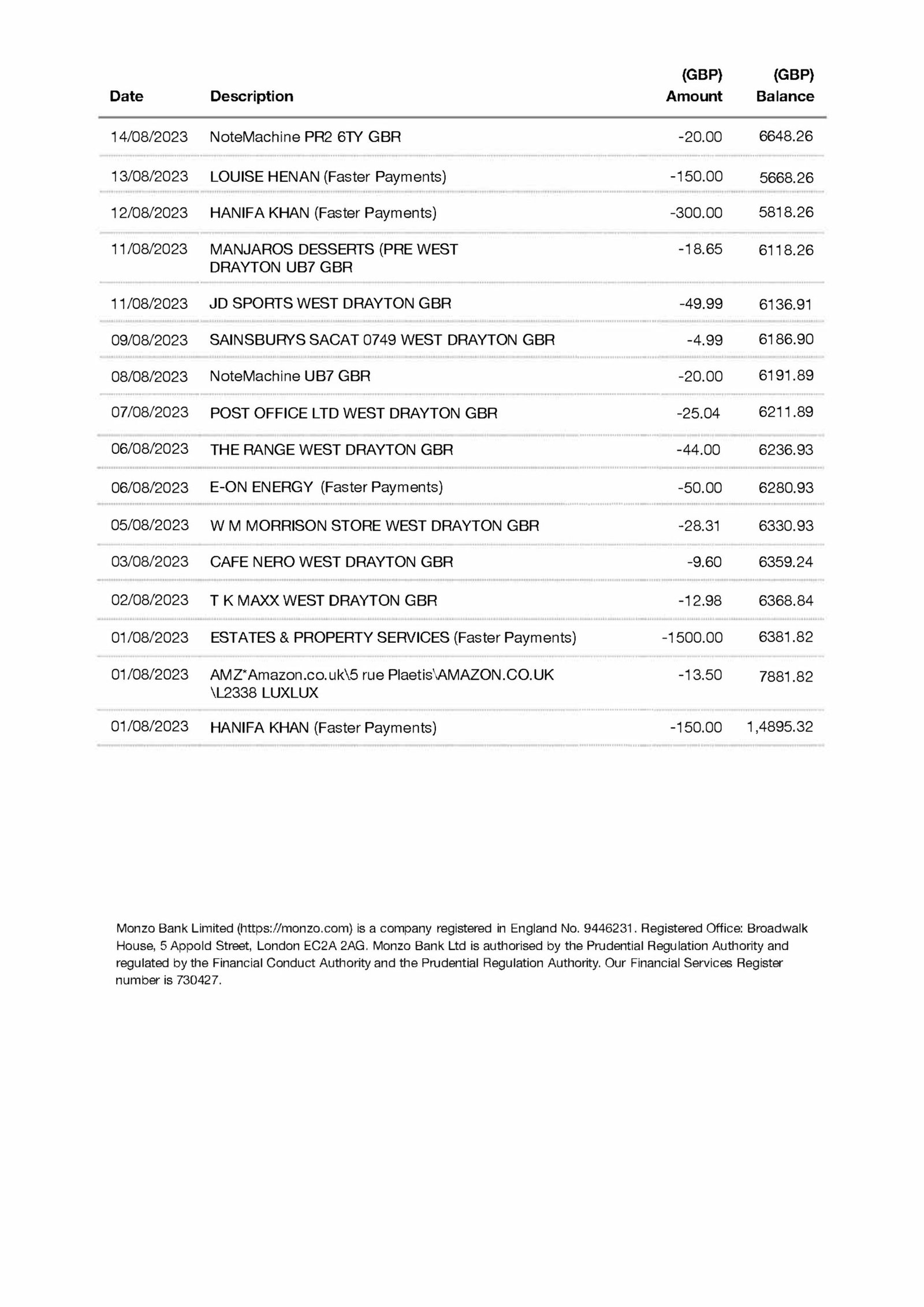 How do I download a bank statement from Monzo?