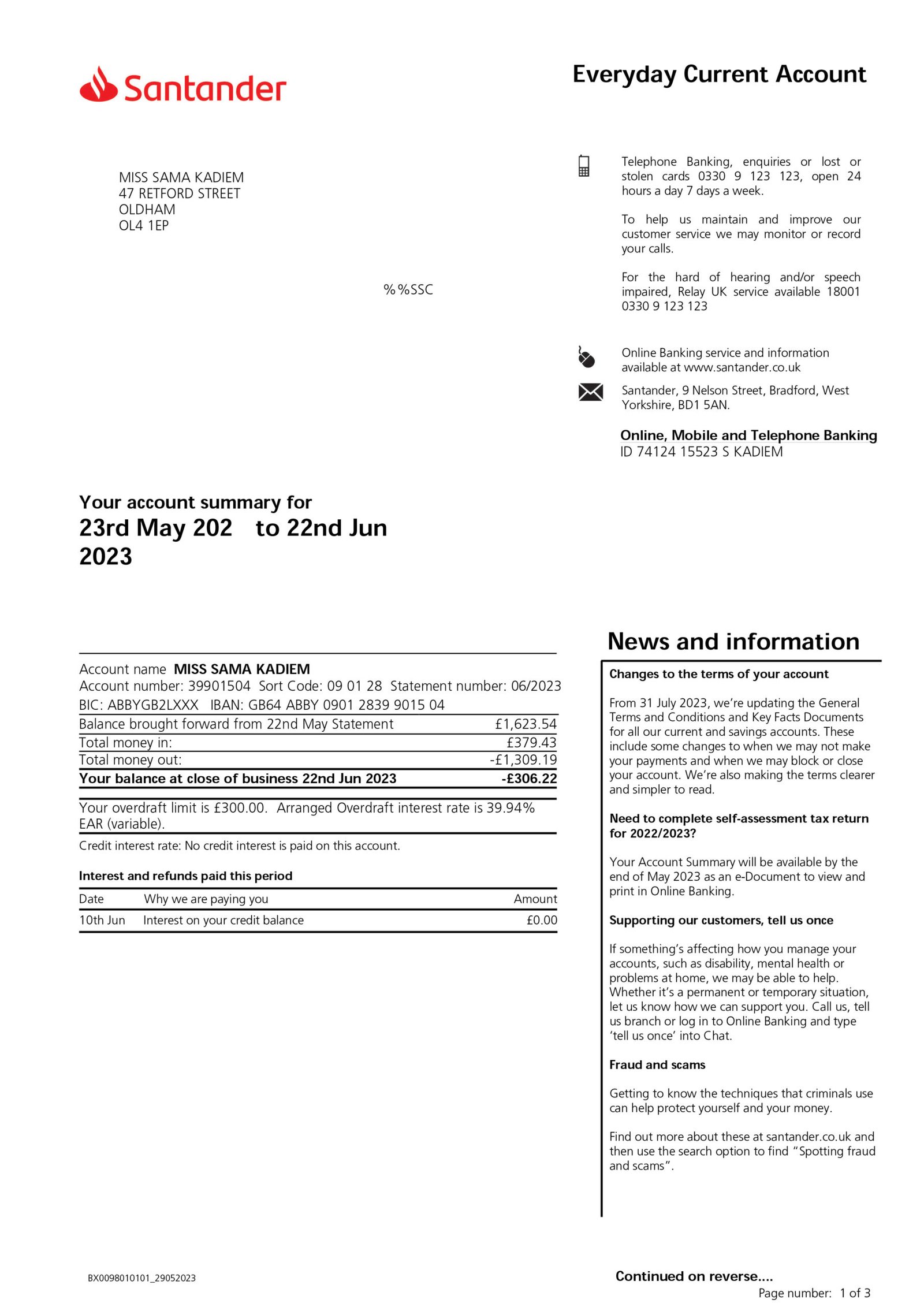 UK Santander Personal Bank Statement Download