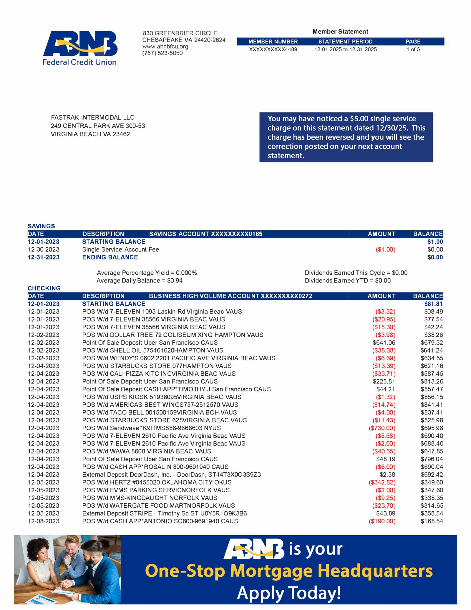 USA ABNG Business Bank Statement PDF Download