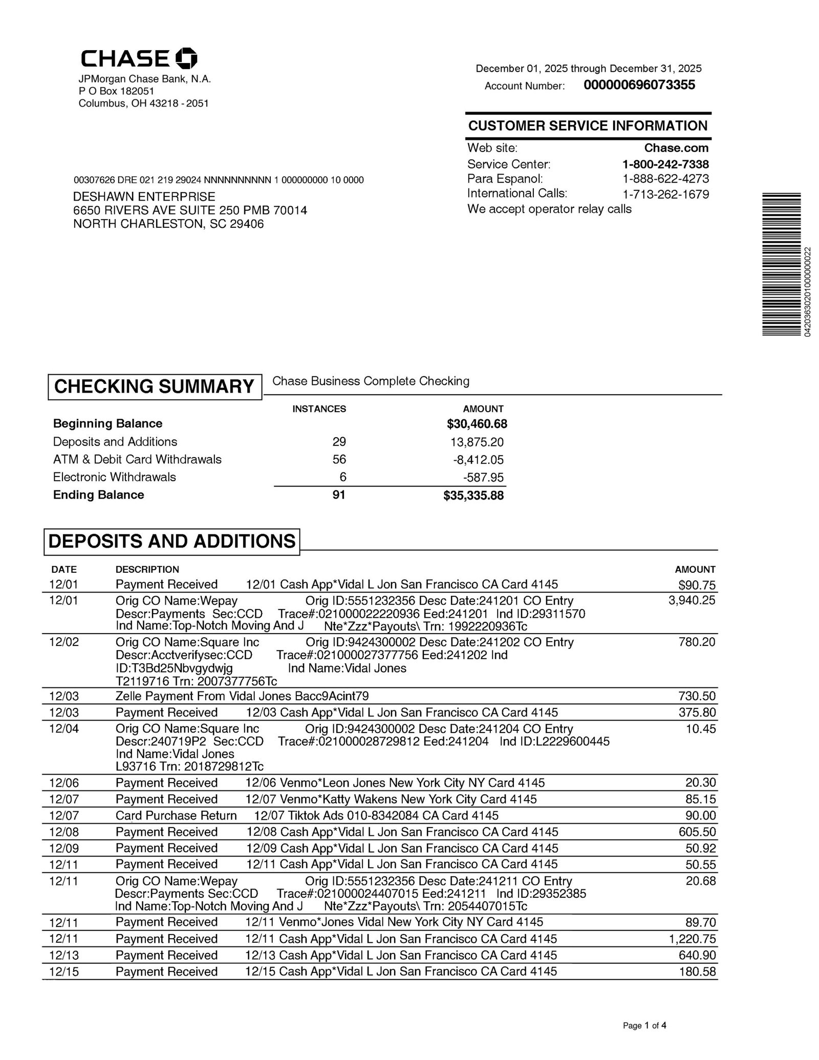 USA Chase Business Bank Statement PDF Download