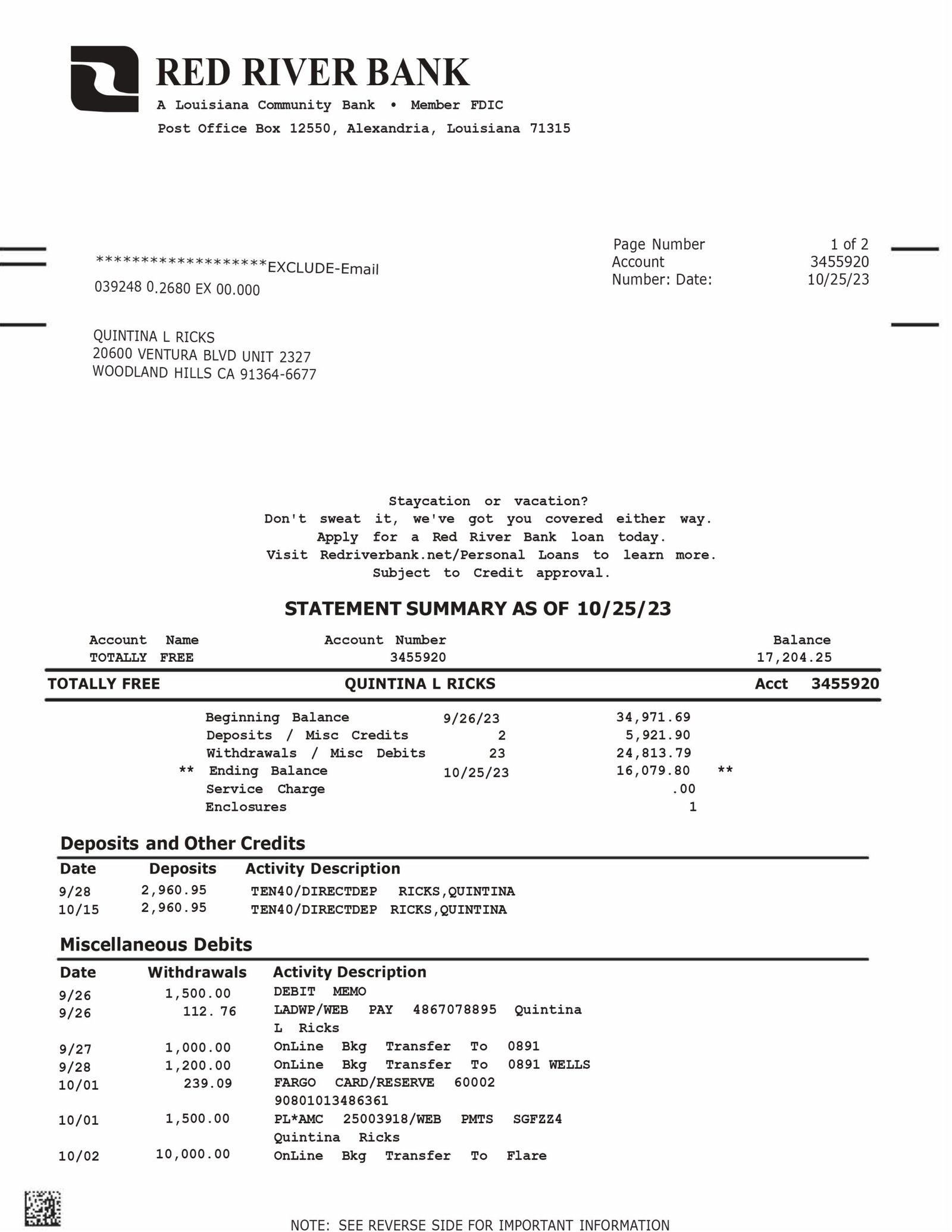 USA RED RIVER Personal Bank Statement Download