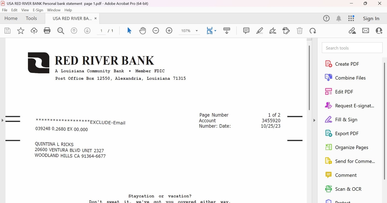 USA RED RIVER Personal Bank Statement Download