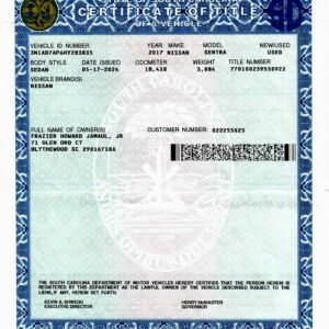 South Carolina Certificate of Title PSD File